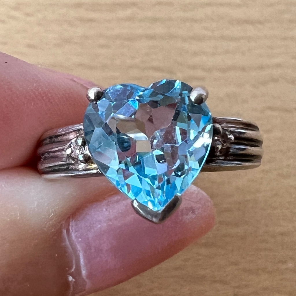 Vintage Designer Stapm Heart Shape Blue Topaz Diamond Ring 925 Sterling Silver